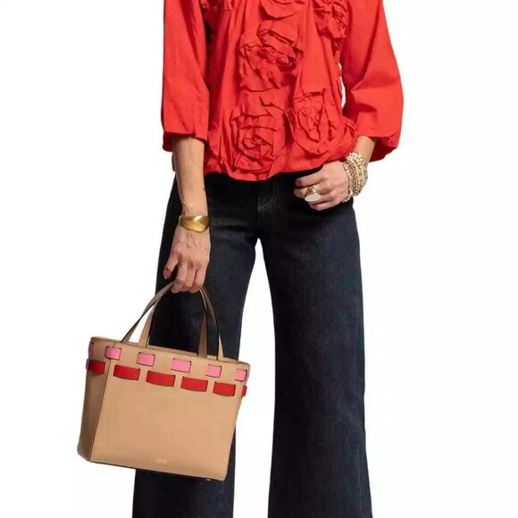 NWT Frances Valentine Henry Basketweave Tote: Natural (Tan, Pink, Red) Crossbody - Picture 2 of 9